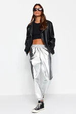 Trendyol Gray Foil/Shiny Printed Thick Inside Fleece High Waist Knitted Sweatpants