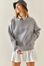 XHAN Gray Crew Neck Ribbed Oversize Sweatshirt