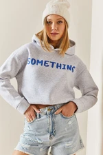 XHAN Gray Hooded & Written Crop Sweatshirt