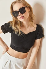 XHAN Black Draped Boat Collar Blouse