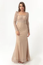 Lafaba Women's Beige Square Neck Stoned Belted Long Evening Dress.