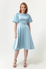 Lafaba Women's Baby Blue Balloon Sleeves and Stones Belted Mini Satin Evening Dress.