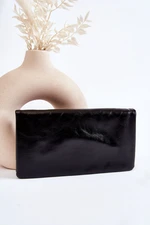 Women's Large Leather Wallet with Zipper Black Shiness