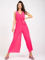 Pink long pleated jumpsuit with wide legs