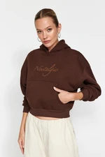 Trendyol Brown Stone Slogan Printed Crop Regular/Regular Fit Hooded Knitted Sweatshirt