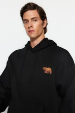 Trendyol Black Oversize/Wide Cut Hooded Animal Embroidery Fleece/Warm Sweatshirt