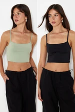 Trendyol Black-Green 2 Pack Polyamide Content Strappy Crop Fitted Flexible Knitted Undershirt