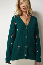 Happiness İstanbul Women's Emerald Green Floral Embroidered Button Knitwear Cardigan