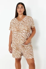Trendyol Curve Camel Animal Patterned V-Neck Knitted Pajama Set