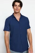 Trendyol Navy Blue Regular Fit Short Sleeve Summer Textured Crepe Knit Shirt