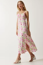 Happiness İstanbul Women's Green Pink Strap Patterned Viscose Dress