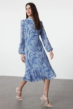 Trendyol Dark Blue Patterned Flounce Midi Woven Dress