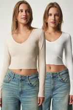 Happiness İstanbul Women's Cream White V-Neck 2-Pack Crop Knitted Blouse