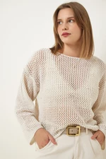 Happiness İstanbul Women's Cream Pearl Detailed Openwork Seasonal Knitwear Sweater