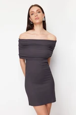 Trendyol Anthracite Fitted Carmen Neckline Ruffle/Textured Knitted Mini Stretch Dress