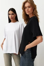 Trendyol Black-White 2 Pack Double Sleeve Oversize/Wide Cut Asymmetric Knitted T-Shirt