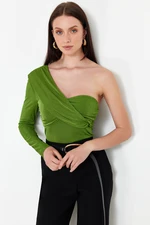 Trendyol Green Premium Shiny Surface and Soft Textured Gathering Detail Single Sleeve Knitted Blouse