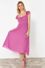 Trendyol Fuchsia Waist Opening Chiffon Lined Midi Woven Dress