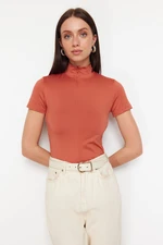 Trendyol Cinnamon Fitted/Fitting Zip Collar Short Sleeve Stretch Knitted Blouse