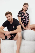 Trendyol Black 100% Cotton Watermelon Patterned Ruffle Shirt-Shorts Knitted Pajama Set