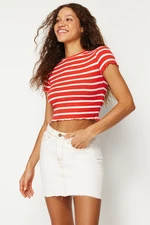 Trendyol Red-White Striped Baby Overlock Detailed Fitted Crop Knitted Blouse