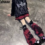 Punk Girl Goth Leg Warmer Black Red Tie Dye Lady Ninja Harajuku Gothic Foot Covers PU Strap Long Sock Chic Streetwear