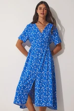 Happiness İstanbul Women's Blue Floral Viscose Summer Dress with One Button