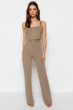 Trendyol Mink Gold Chain Detail Ribbed Wide Leg/Comfort Cut High Waist Knitted Trousers