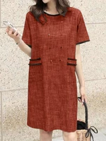 Contrast Color Pocket Short Sleeve Midi Casual Dress