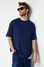 Trendyol Navy Blue pánske oversized tričko / široký strih 100% bavlna color blokové tričko