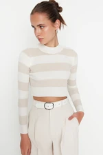 Trendyol Ecru Crop Cotton Striped Knitwear Sweater