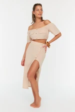 Trendyol Beige Button Detailed Carmen Collar Beach Blouse-Beach Skirt Set