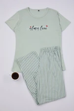 Trendyol Mint Slogan Printed Striped Knitted Pajama Set