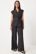 Happiness İstanbul Women's Black Belted Vest Palazzo Knitted Suite