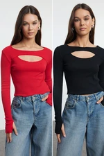 Trendyol Black-Red 2-Piece Cut Out Detailed Fitted Flexible Knitted Blouse