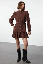 Trendyol Brown Belted Long Sleeve Mini Woven Shirt Dress