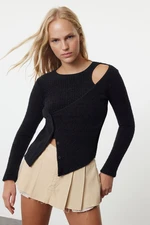 Trendyol Black Crop Furry Side Button Detailed Knitwear Sweater