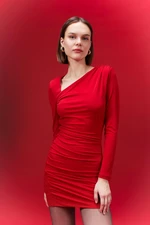 DEFACTO Bodycon Bodycon Basic Plain Bateau Neck Draped Long Sleeve Mini Red Dress