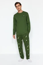 Trendyol Men's Khaki Regular Fit Embroidered Knitted Pajama Set