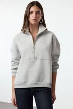 Trendyol Gray Melange Oversize / Wide Fit Half Zipper Thick Inside Fleece Knitted Sweatshirt