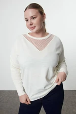 Trendyol Curve Ecru Tulle Detailed Off Shoulder Thin Knit Sweater