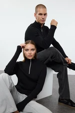 Trendyol Black Cotton Blend Couple Zipper Stand Collar Thin Knit Sweater