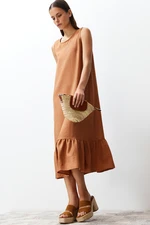 Trendyol Brown Straight Cut Sleeveless Crew Neck Midi Aerobin Woven Dress