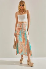 Bianco Lucci Women's Turquoise-orange Floral Skirt with Side Hidden Zipper and Slit