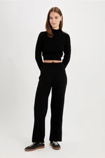 DEFACTO Stand Collar Long Sleeve Ribbed Crop and Elastic Waist Straight Leg Basic Knitwear Bottom Top Set