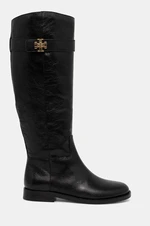 Kozačky Tory Burch T Lock Riding Boot dámské, černá barva, na plochém podpatku, 158799-006