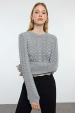 Trendyol Gray Crop Openwork/Hole Detailed Crew Neck Knitwear Sweater