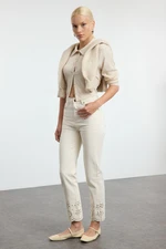 Trendyol Ecru Embroidered High Waist Straight Trousers