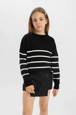 DEFACTO Girl Black Striped Crew Neck Knitwear School Sweater