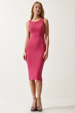 Happiness İstanbul Women's Pink Halter Neck Ribbed Wrap Knitted Dress